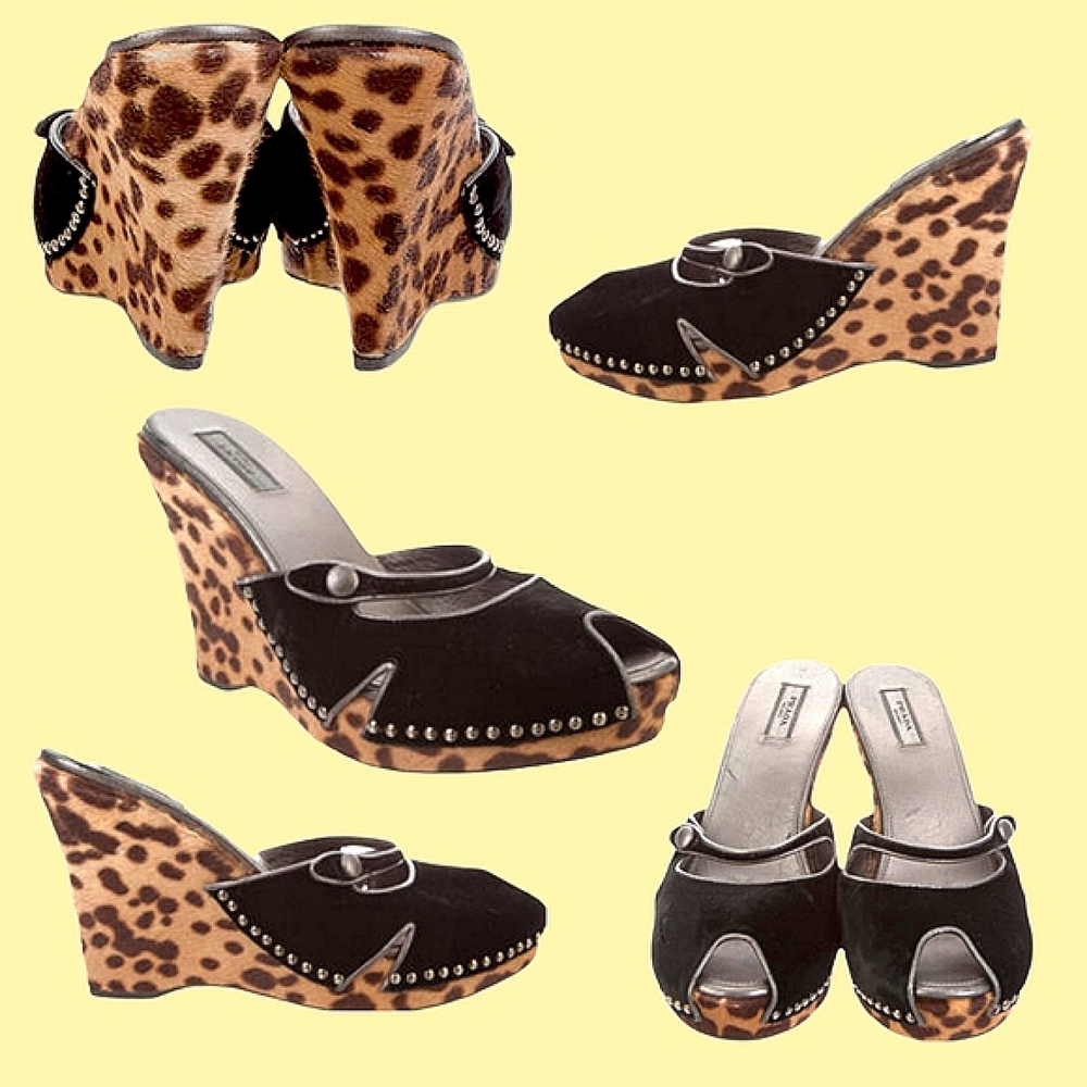 PRADA ✴️Animal Print/Calf Hair/Pony ✴️Platform Wedge Sandals/Slides Orig $675